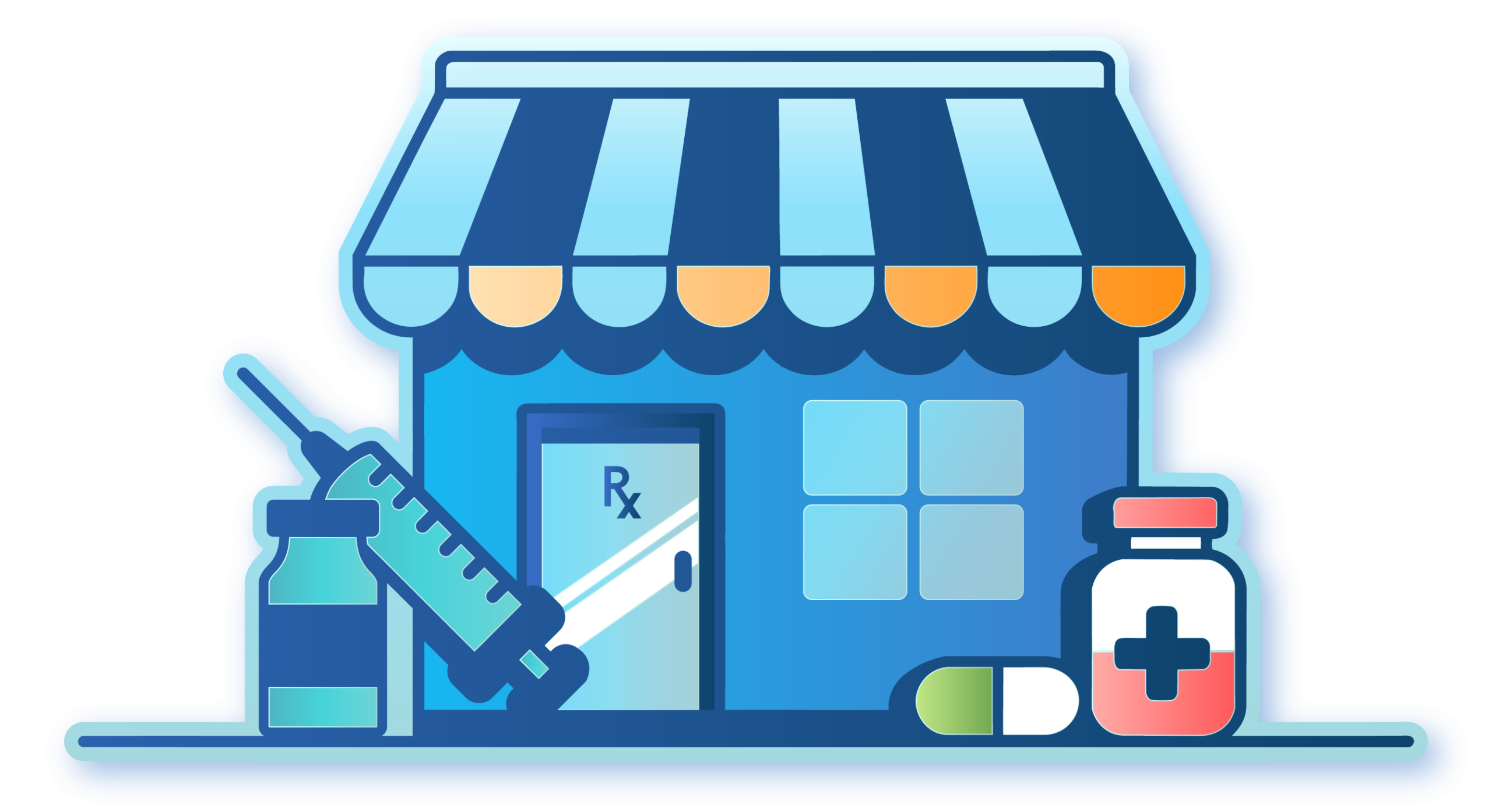 Illustration depicting the meaningful impact of community pharmacy with medication and a vaccine for clinical services.
