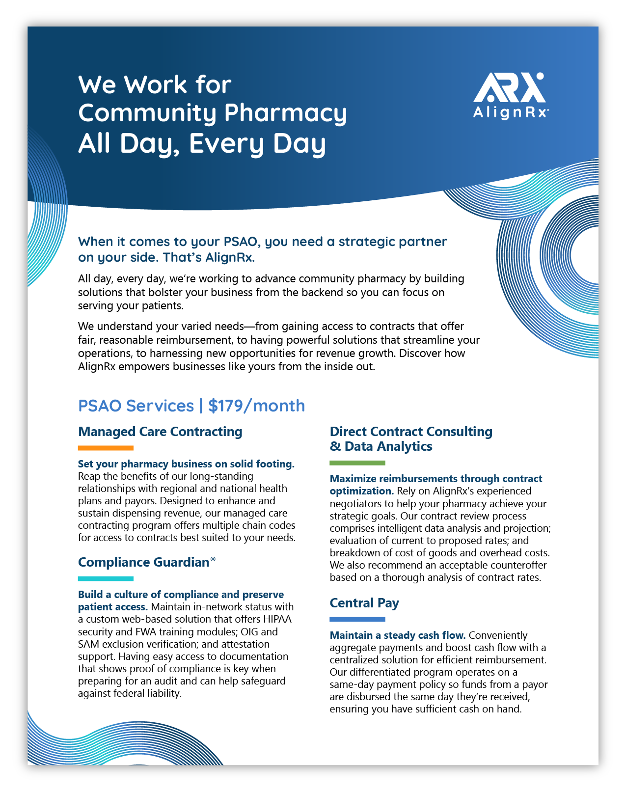 A flyer from AlignRx outlining available PSAO services and prices.