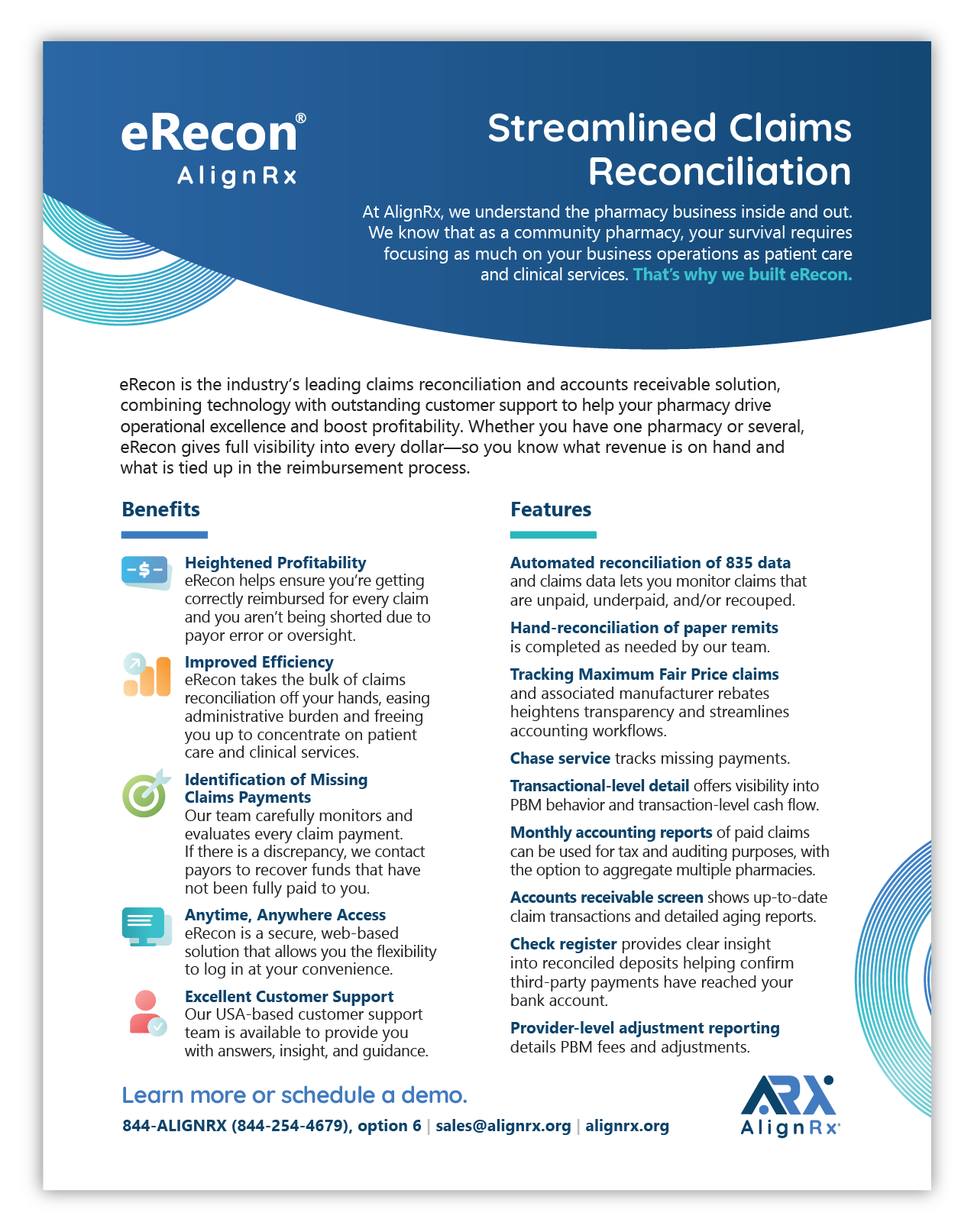 A flyer from AlignRx outlining what's included in the company's eRecon pharmacy claims reconciliation service.